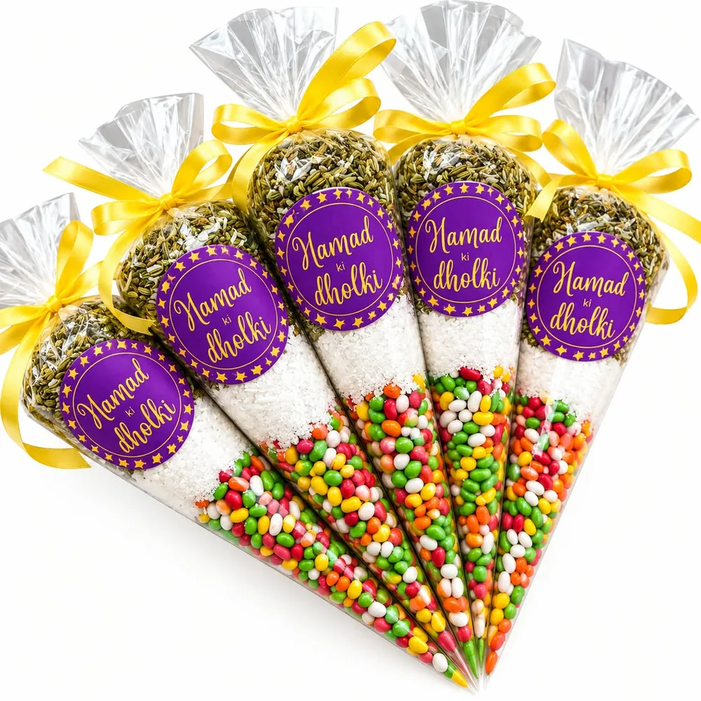 Candy favour cones with purple name labels and yellow ribbons
