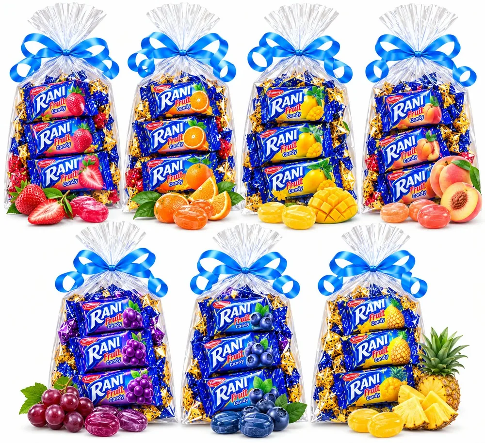 RANI candy gift bags tied with blue ribbons